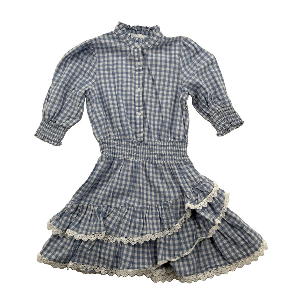 THE SHIRT Rochelle Behrens Brigitte Gingham Blue White Lace Trim Dress Size‎ XS